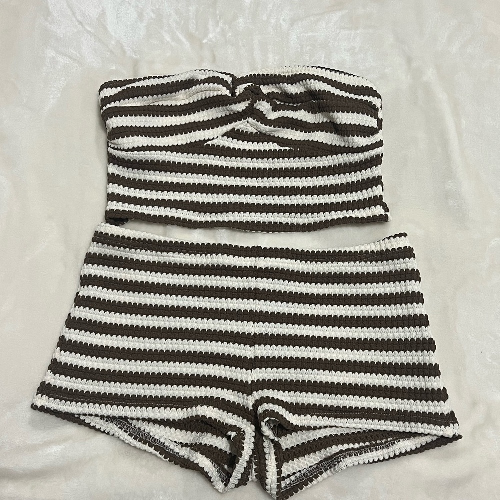 Striped Brown and White Crochet Set